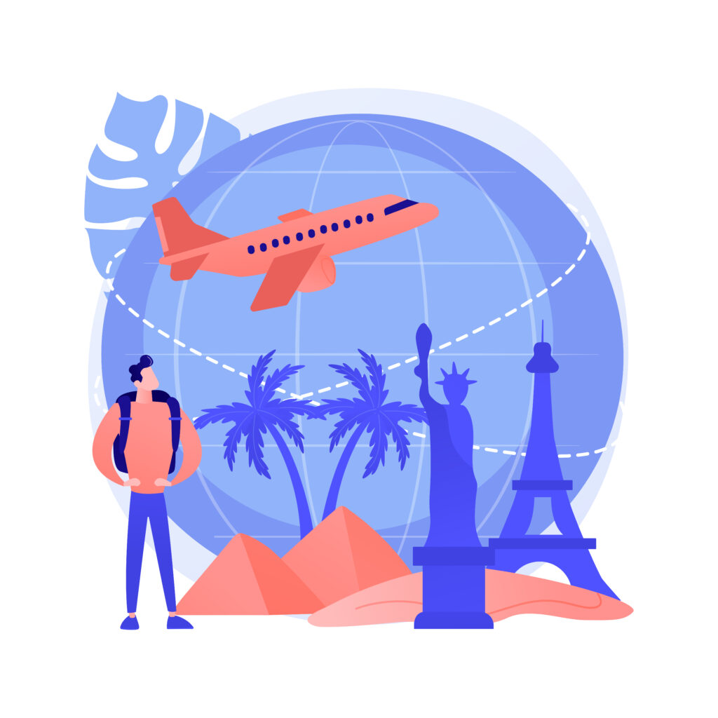 Image vectorisée d'un globe terrestre et un avion en faisant le tour, des palmiers, des pyramides, la Statue de la Liberté et la Tour Eiffel. Sur le côté, une jeune personne en sac à dos. 